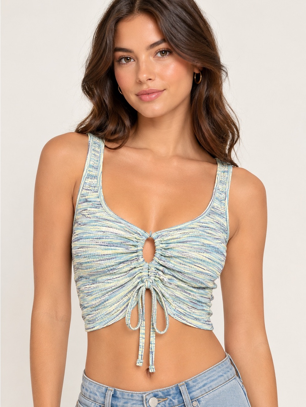 Forever 21 Ruched Keyhole Knit Crop Tank Top - Light Blue Multi